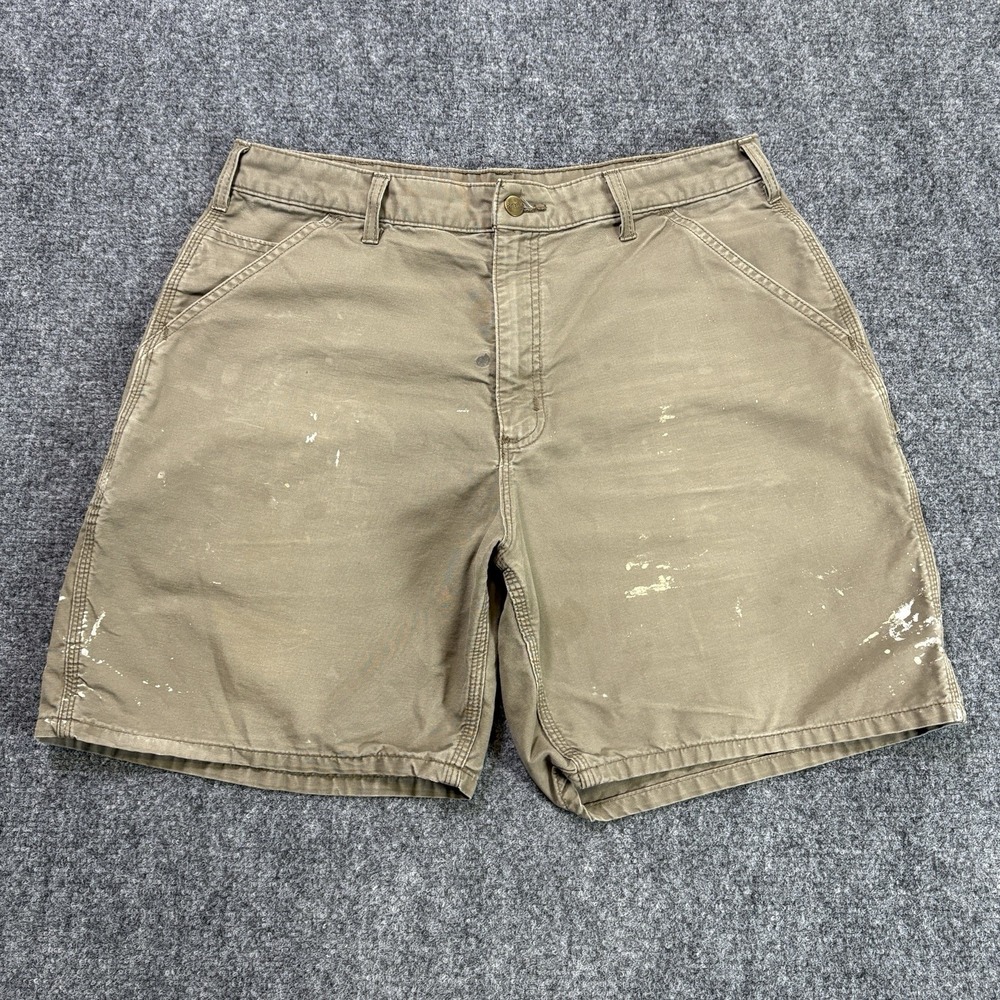 Vintage Carhartt Carpenter Shorts Mens 34 Brown Faded Painted Workwear B144 LBR